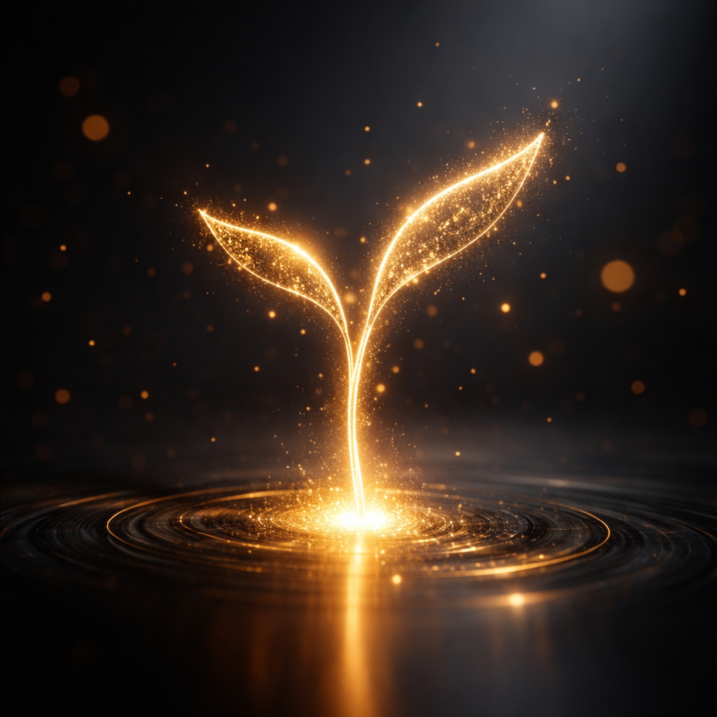 Digital Prani Growth Strategy - A glowing golden energy sprout representing organic digital brand growth and strategic life force.