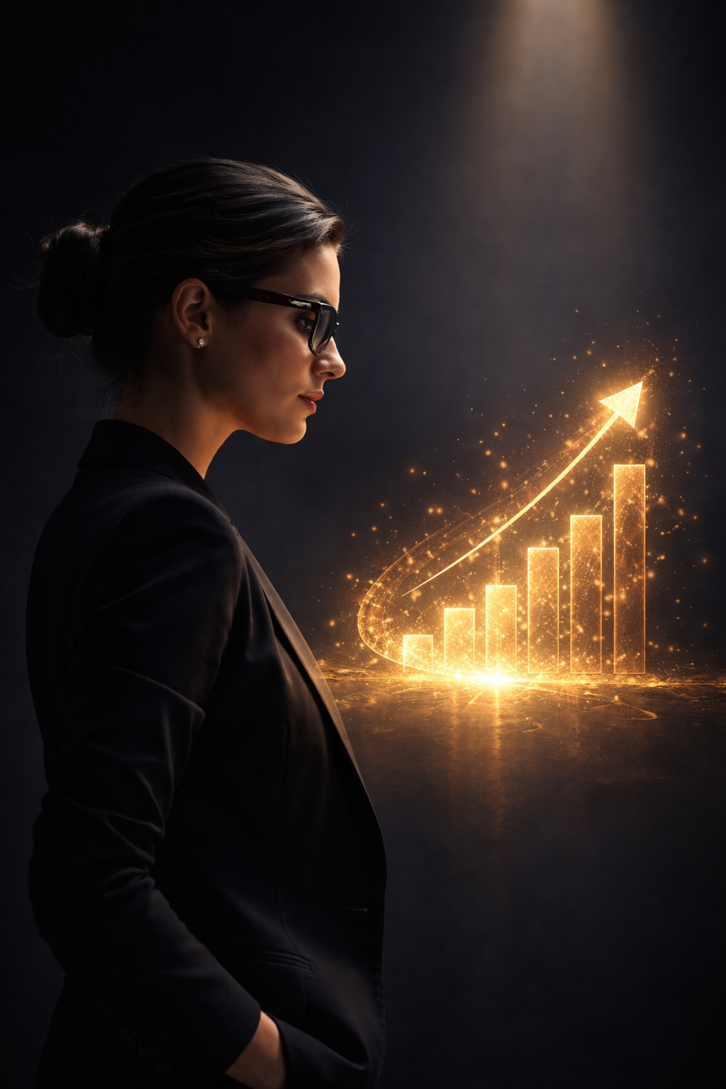 Digital Prani Visionary Strategy – Professional female data scientist analyzing a golden holographic growth chart in a premium tech environment.