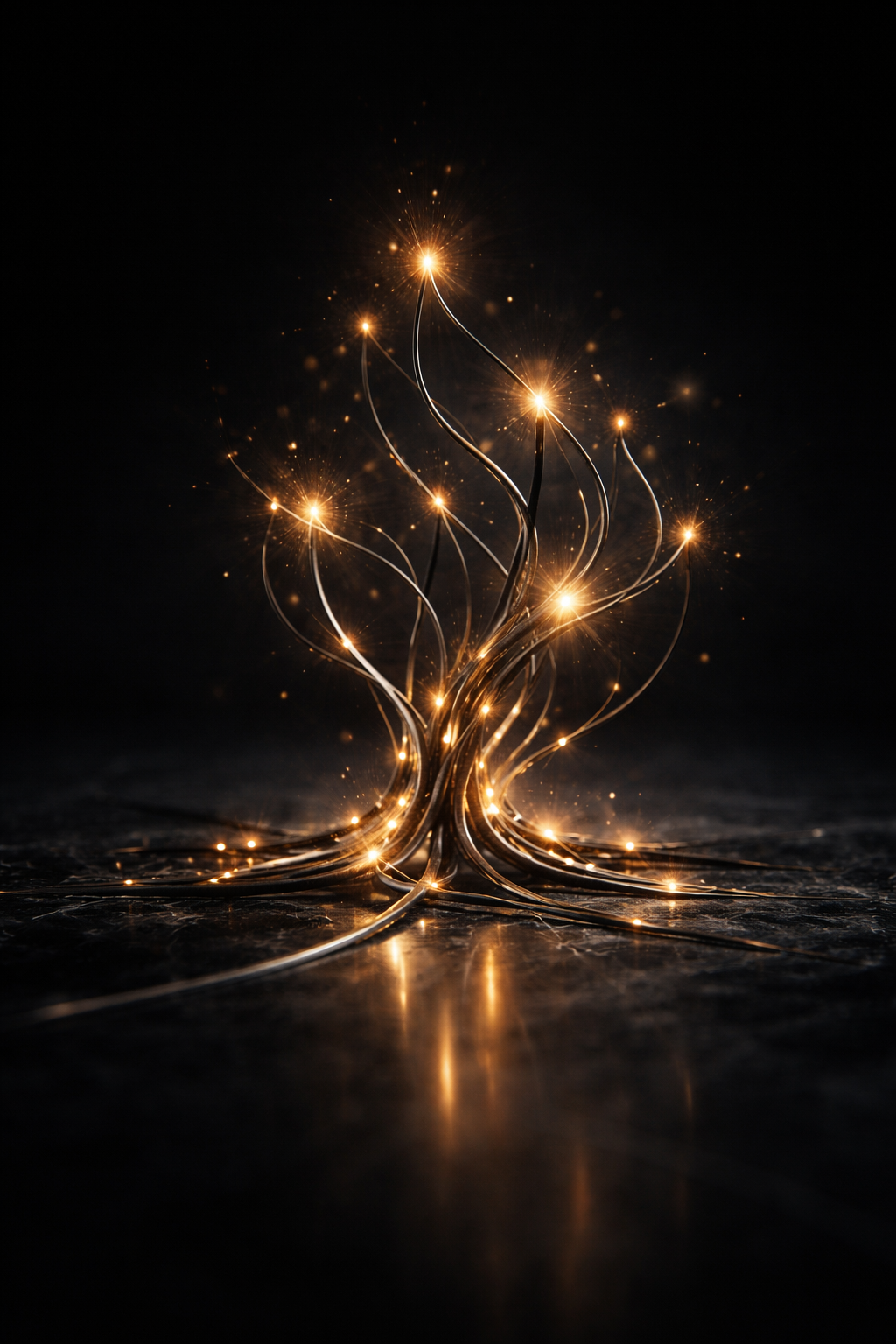 Digital Prani AI Ecosystem – Abstract golden neural network structure emerging from black quartz, symbolizing organic digital growth.