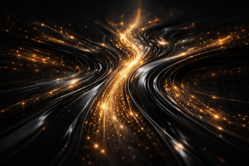 Digital Prani Liquid Data Flow – Flowing rivers of polished black glass and golden light particles representing seamless data integration.