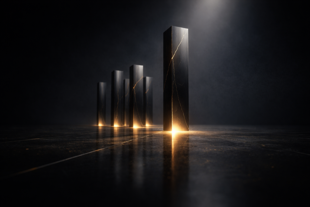 Digital Prani Market Dominance – Minimalist dark architectural columns with golden veins reflecting off a polished floor, symbolizing brand ecosystems.